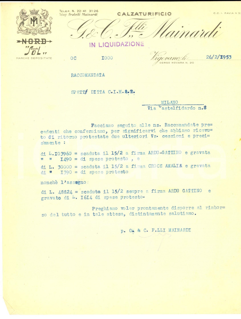 Documento originale, autentico 1953 VIGEVANO PV Calzaturificio F.lli MAINARDI  Lettera commerciale 1