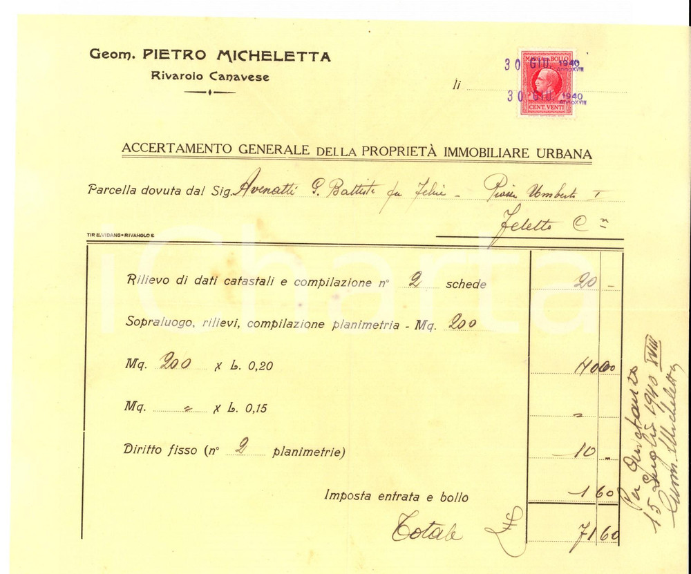 Documento originale, autentico 1940 RIVAROLO CANAVESE TO Parcella geometra Pietro MICHELETTA   bollo 1