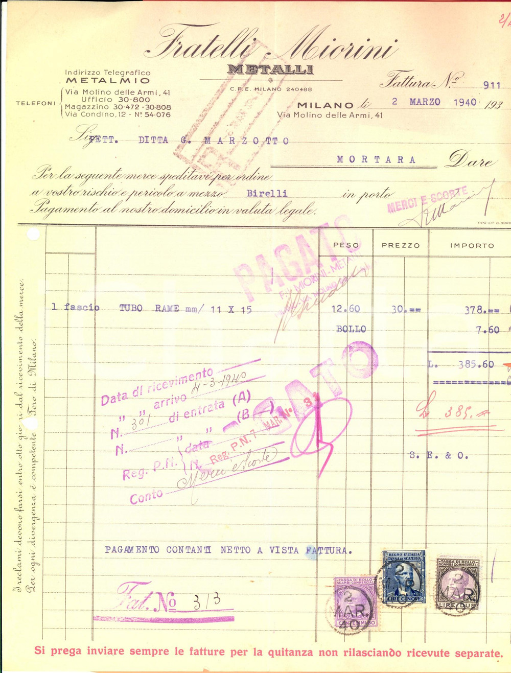 Documento originale, autentico 1940 MILANO Ditta Fratelli MIORINI Metalli Fattura intestata con bolli 1