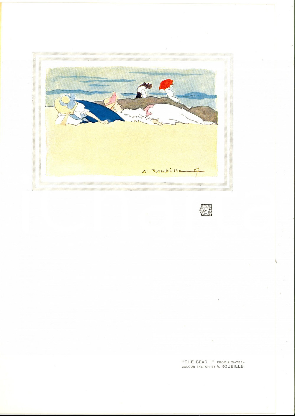 Stampa, bozzetto originale 1912 THE STUDIO The beach by A. ROUBILLE Stampa 21x29 cm con velina 1