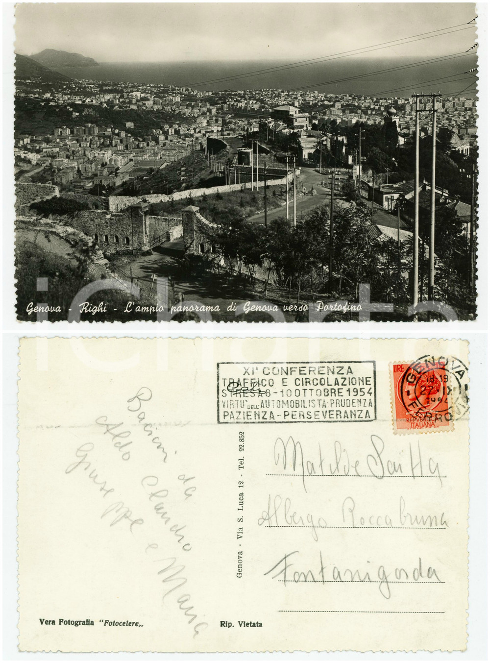 Cartolina originale da collezione 1954 GENOVA RIGHI Veduta verso Portofino Cartolina TIMBRO XI Conferenza STRESA 1
