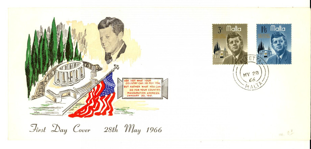 Materiale pubblicitario d’epoca 1966 STORIA POSTALE MALTA KENNEDY Memorial Grove First day of issue 1
