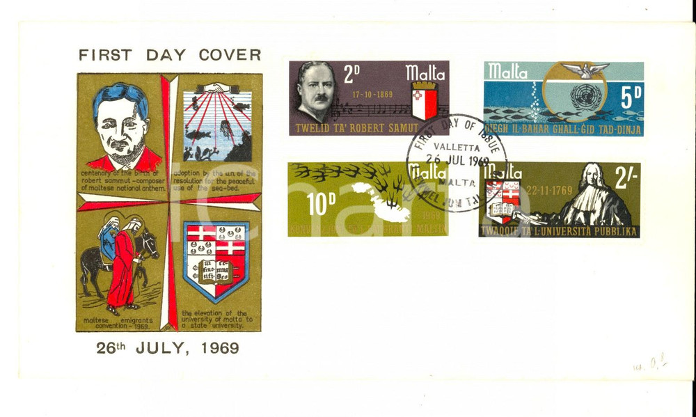 Materiale pubblicitario d’epoca 1969 STORIA POSTALE MALTA Centenary birth Robert SAMMUT First day of issue 1