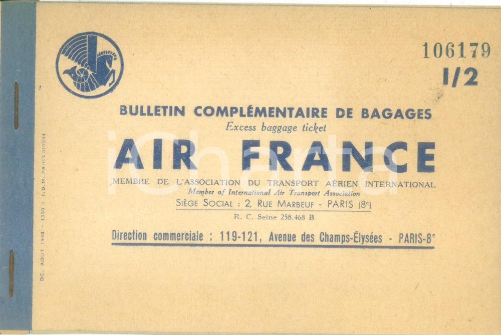 Materiale pubblicitario d’epoca 1948 AIR FRANCE Bulletin complÃ©mentaire de bagages Etichetta per bagagli 1