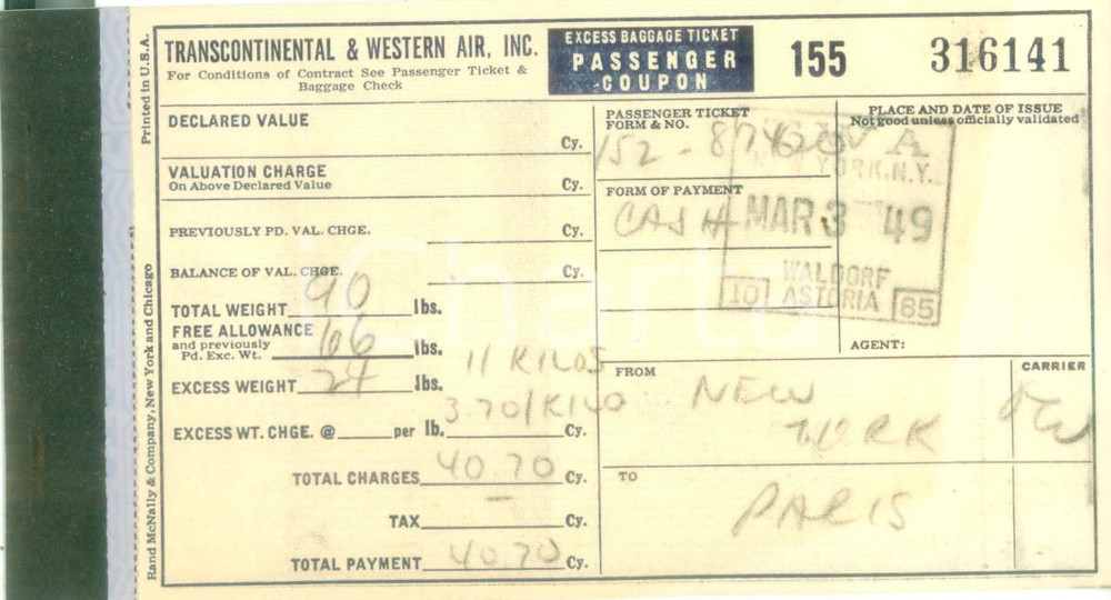 Materiale pubblicitario d’epoca 1949 TRANSCONTINENTAL & WESTERN AIR Baggage ticket Etichetta per bagagli 1