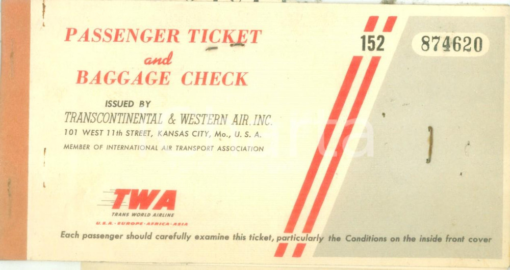 Materiale pubblicitario d’epoca 1949 TRANSCONTINENTAL & WESTERN AIR TWA Passenger ticket Biglietto 1