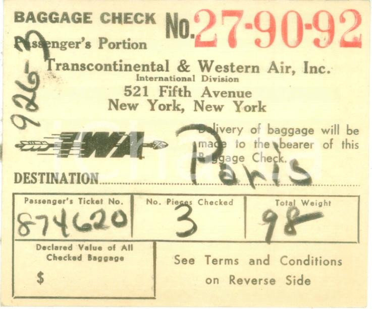 Materiale pubblicitario d’epoca 1949 TRANSCONTINENTAL & WESTERN AIR Baggage check Etichetta bagagli 1 1