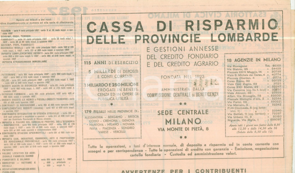 Documento originale, autentico 1937 MILANO Cassa Risparmio Provincie Lombarde Cartella pagamenti 1 1