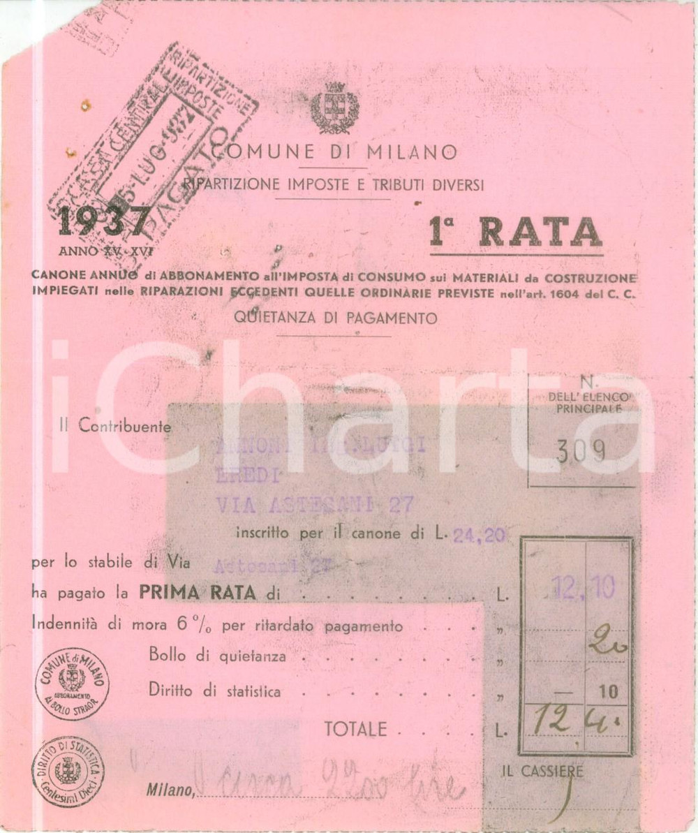 Documento originale, autentico 1937 MILANO Canone abbonamento imposta di consumo Ricevuta di pagamento 1