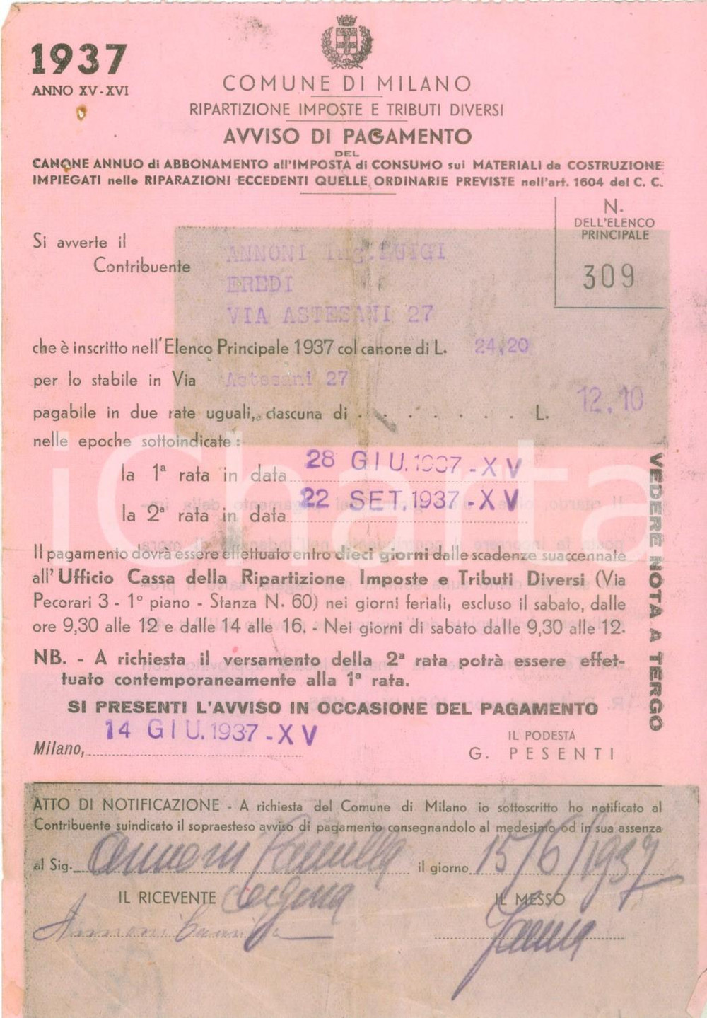 Documento originale, autentico 1937 MILANO Cassa Risparmio Provincie Lombarde Avviso di pagamento 1