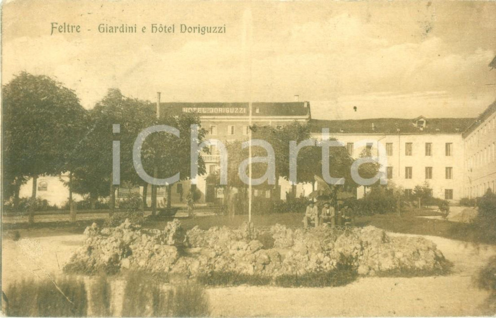 Cartolina originale da collezione 1919 FELTRE BL Giardini e Hotel DORIGUZZI Cartolina FP VG 1