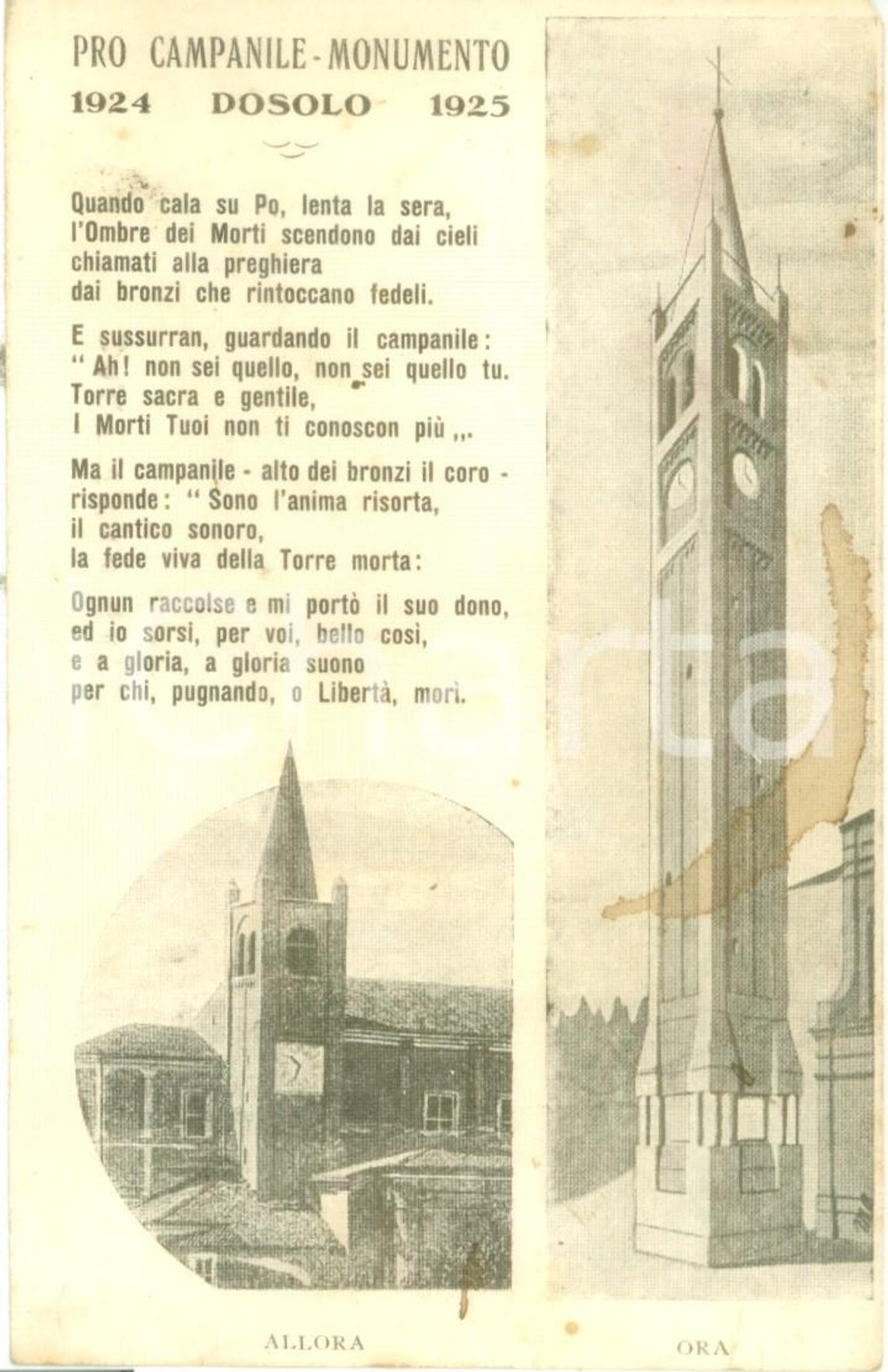 Cartolina originale da collezione 1925 DOSOLO MN Pro Campanile Monumento Cartolina postale FP NV DANNEGGIATA 1