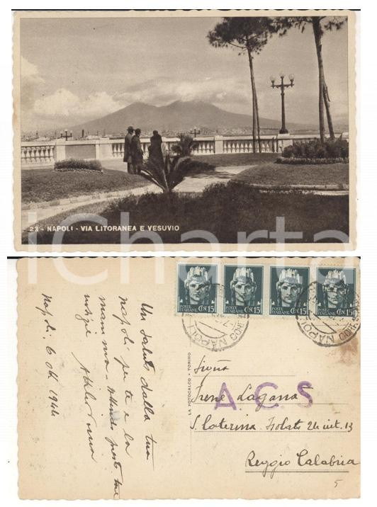 Cartolina originale da collezione 1944 STORIA POSTALE RSI NAPOLI Via Litoranea Cartolina striscia cent. 15 turrita 1