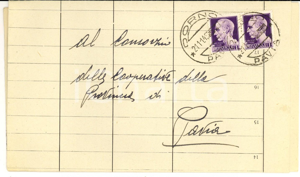 Cartolina originale da collezione 1945 STORIA POSTALE DORNO Fascetta affrancata striscia Lire 1 Imperiale fasci 1