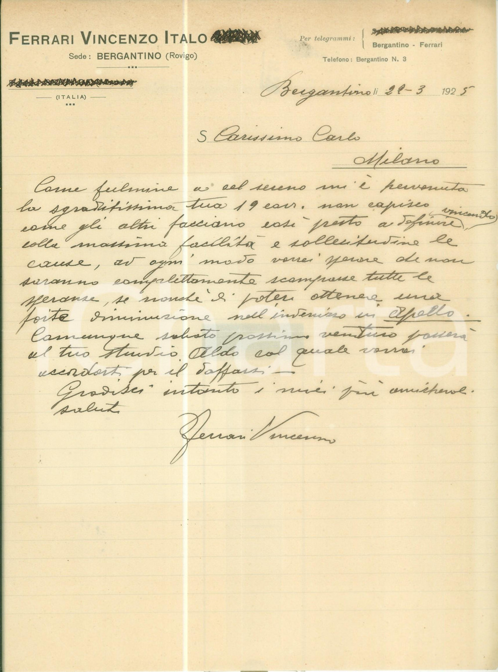 Documento originale, autentico 1925 BERGANTINO RO Ditta Vincenzo Italo FERRARI Lettera commerciale 1