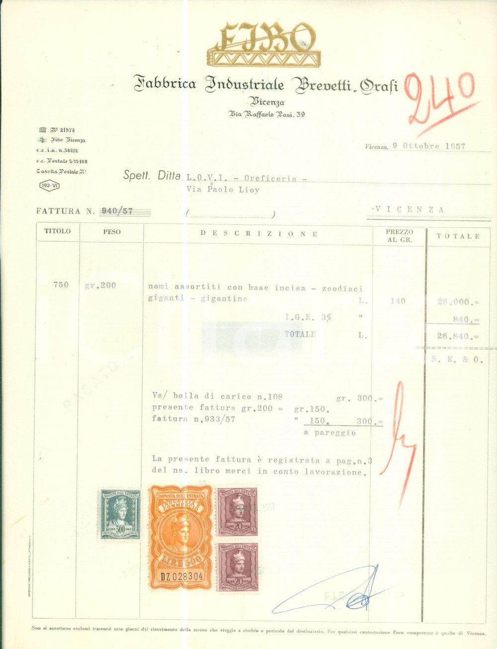 Documento originale, autentico 1957 VICENZA Fabbrica Industriale Brevetti Orafi FIBO Fattura 1
