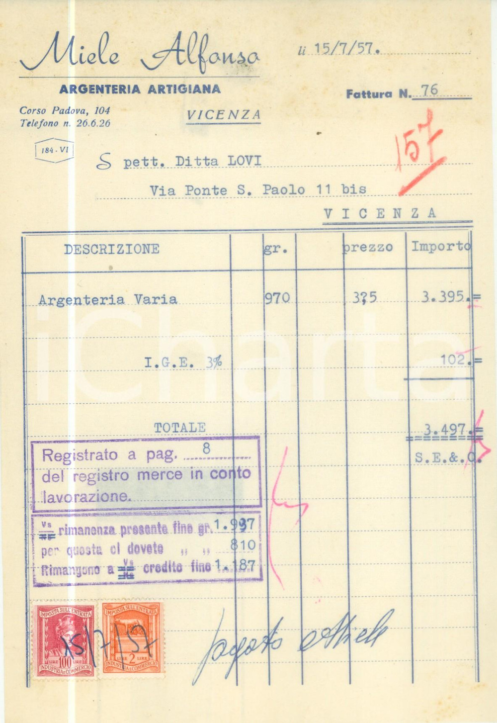 Documento originale, autentico 1957 VICENZA Alfonso MIELE Argenteria artigiana Fattura commerciale 1