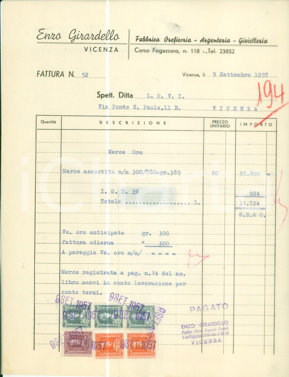 Documento originale, autentico 1957 VICENZA Enzo GIRARDELLO Fabbrica oreficeria argenteria Fattura commerciale 1