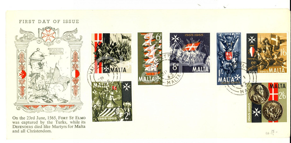 Materiale pubblicitario d’epoca 1965 STORIA POSTALE MALTA 1565  Fort St. ELMO captured First day of issue 1