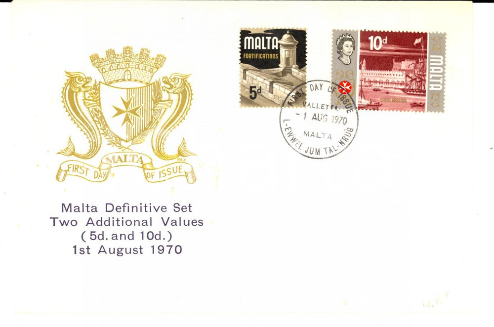 Materiale pubblicitario d’epoca 1970 STORIA POSTALE MALTA Fortifications  Definitive set First day of issue 1