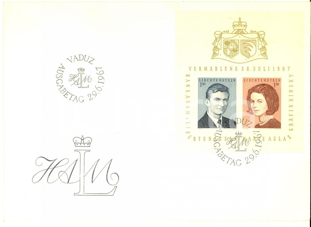 Materiale pubblicitario d’epoca 1967 LIECHTENSTEIN Matrimonio principe Foglietto su busta annullo primo giorno 1