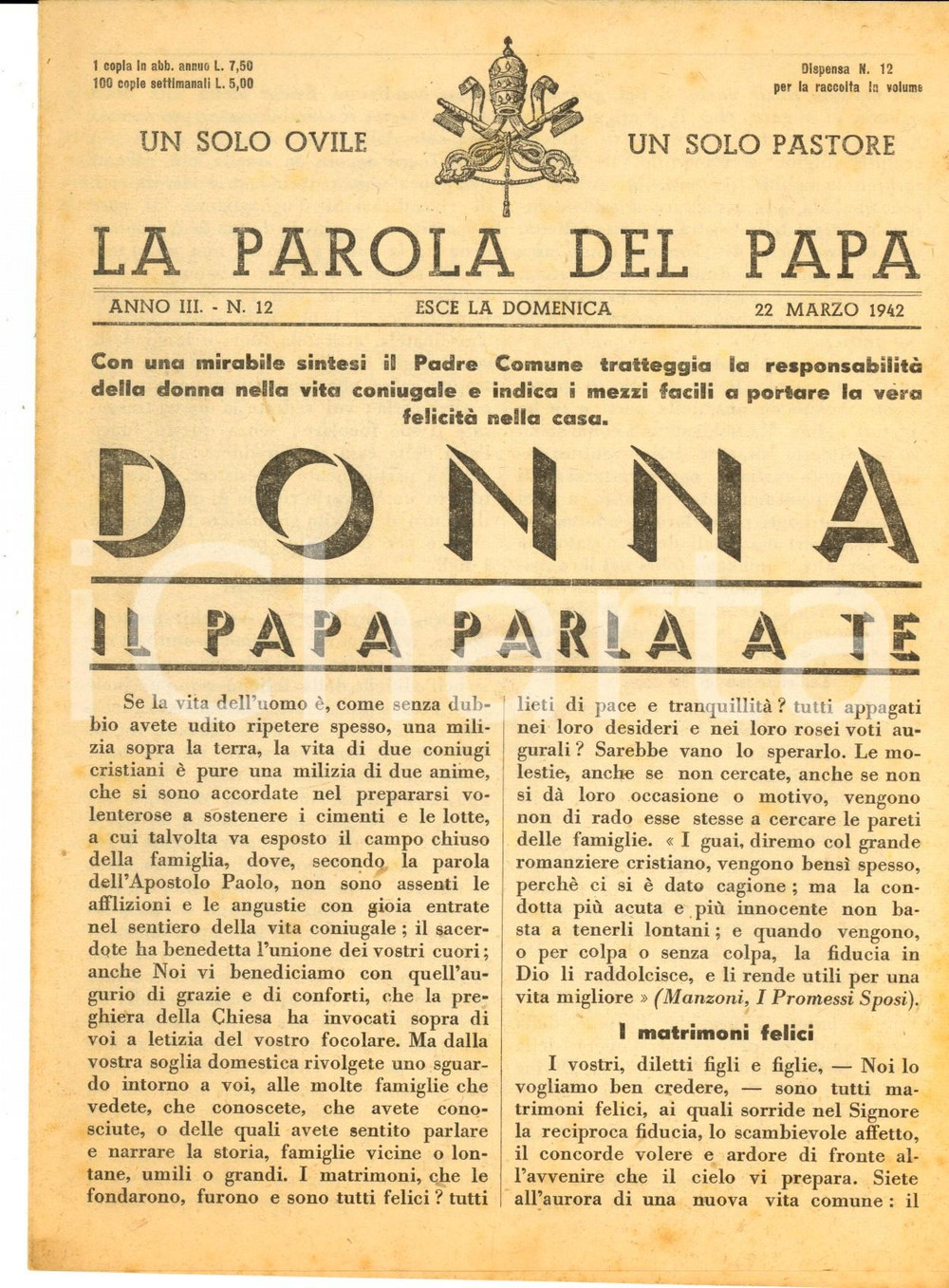Giornale, rivista storica 1942 LA PAROLA DEL PAPA Donna: il Papa parla a te Bollettino anno III nÂ°12 1