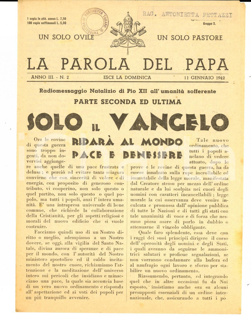Giornale, rivista storica 1942 LA PAROLA DEL PAPA Solo il Vangelo ridarÃ  pace Bollettino anno III nÂ°2 1