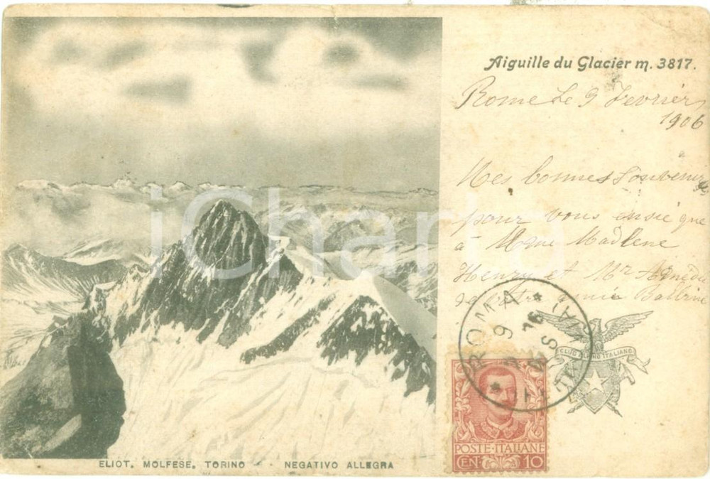 Cartolina originale da collezione 1906 AIGUILLE DES GLACIERS Panorama della cima innevata Cartolina FP VG 1