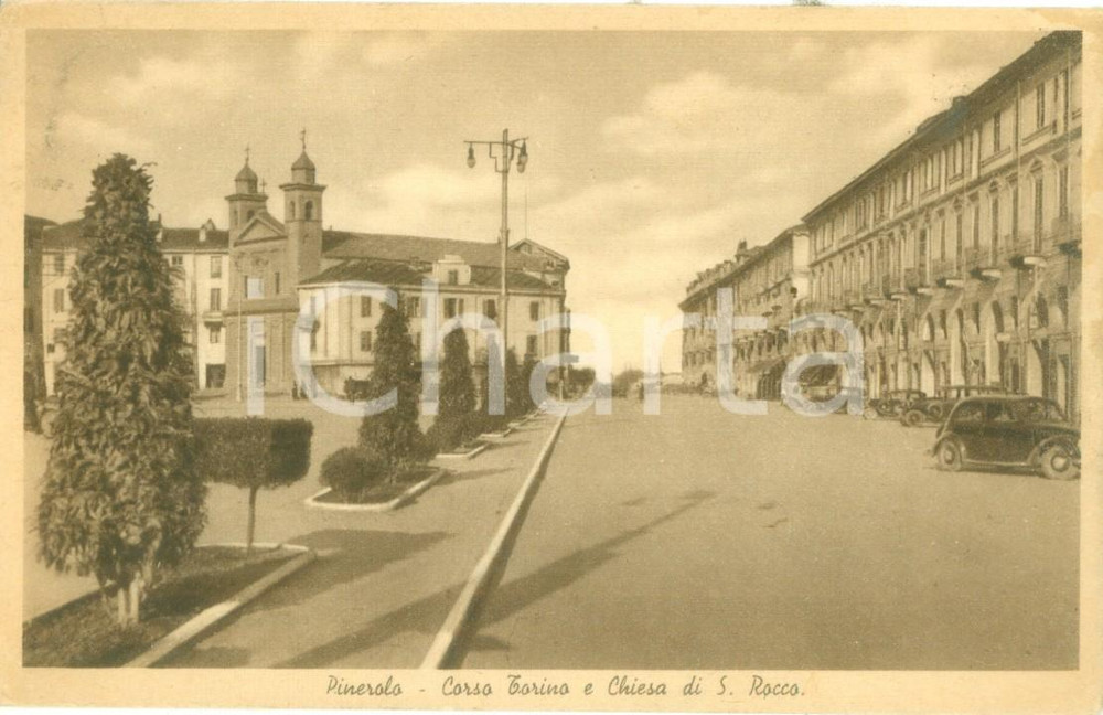 Cartolina originale da collezione 1941 PINEROLO TO Corso Torino Chiesa di SAN ROCCO Cartolina FP VG 1