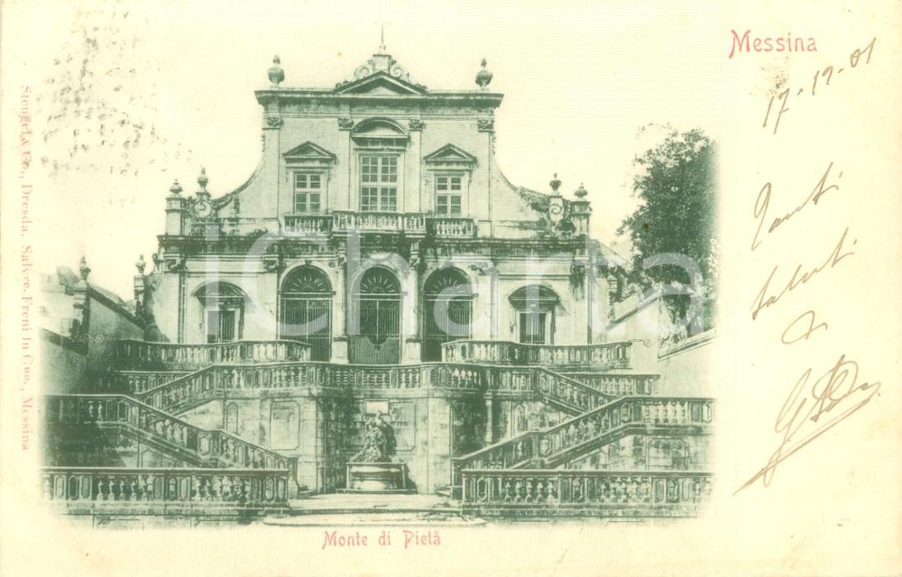 Cartolina originale da collezione 1901 MESSINA Veduta del Monte di PietÃ  Cartolina FP VG DANNEGGIATA 1