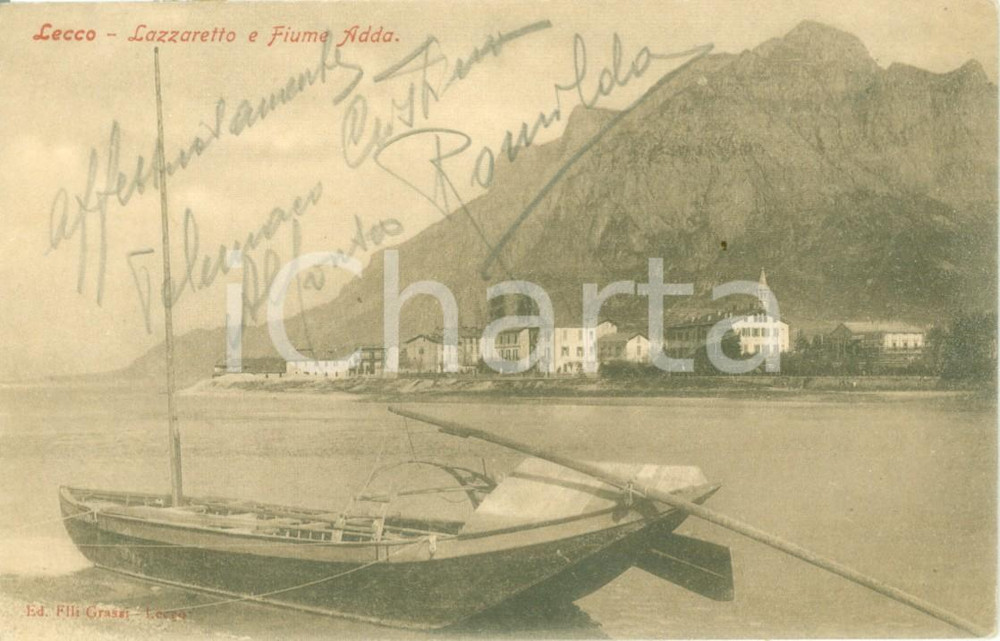 Cartolina originale da collezione 1913 LECCO Battello sul fiume ADDA e lazzeretto Cartolina FP VG 1