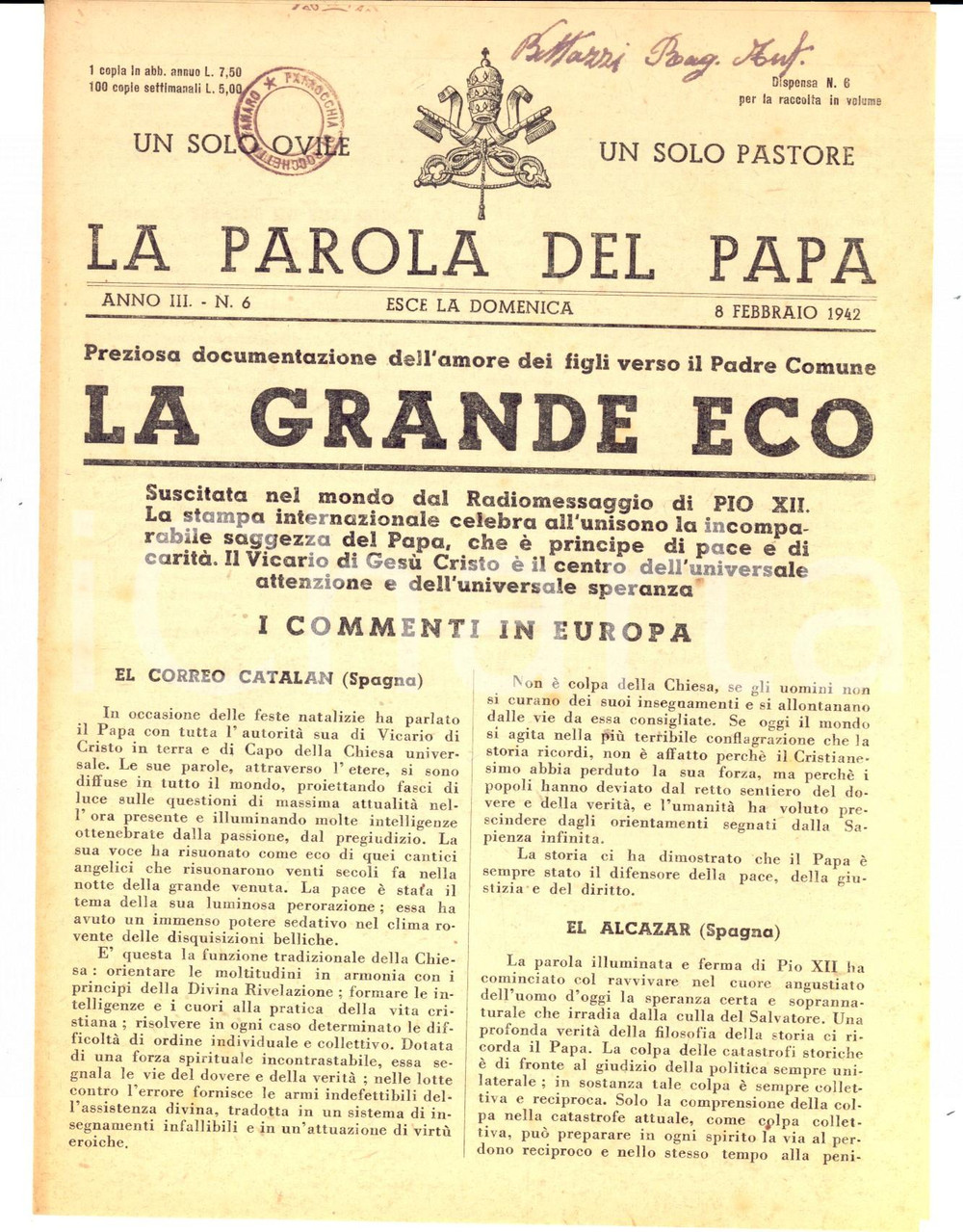 Giornale, rivista storica 1942 LA PAROLA DEL PAPA Radiomessaggio di Pio XII al mondo Anno III nÂ°6 1