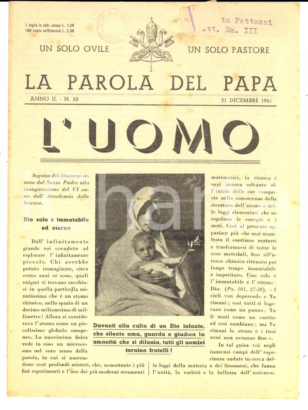 Giornale, rivista storica 1941 LA PAROLA DEL PAPA Il Papa all Accademia delle Scienze Anno II nÂ°53 1