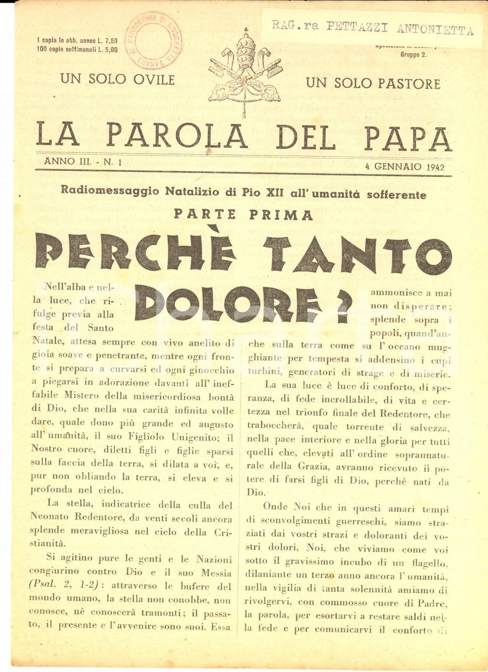 Giornale, rivista storica 1942 LA PAROLA DEL PAPA Radiomessaggio natalizio sulla guerra Anno III nÂ°1 1