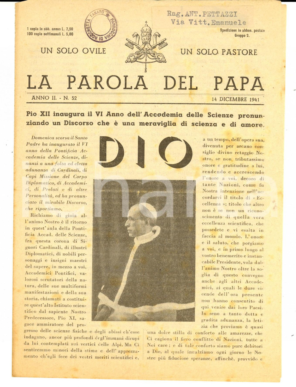Giornale, rivista storica 1941 LA PAROLA DEL PAPA Il Papa all Accademia delle Scienze Anno II nÂ°52 1