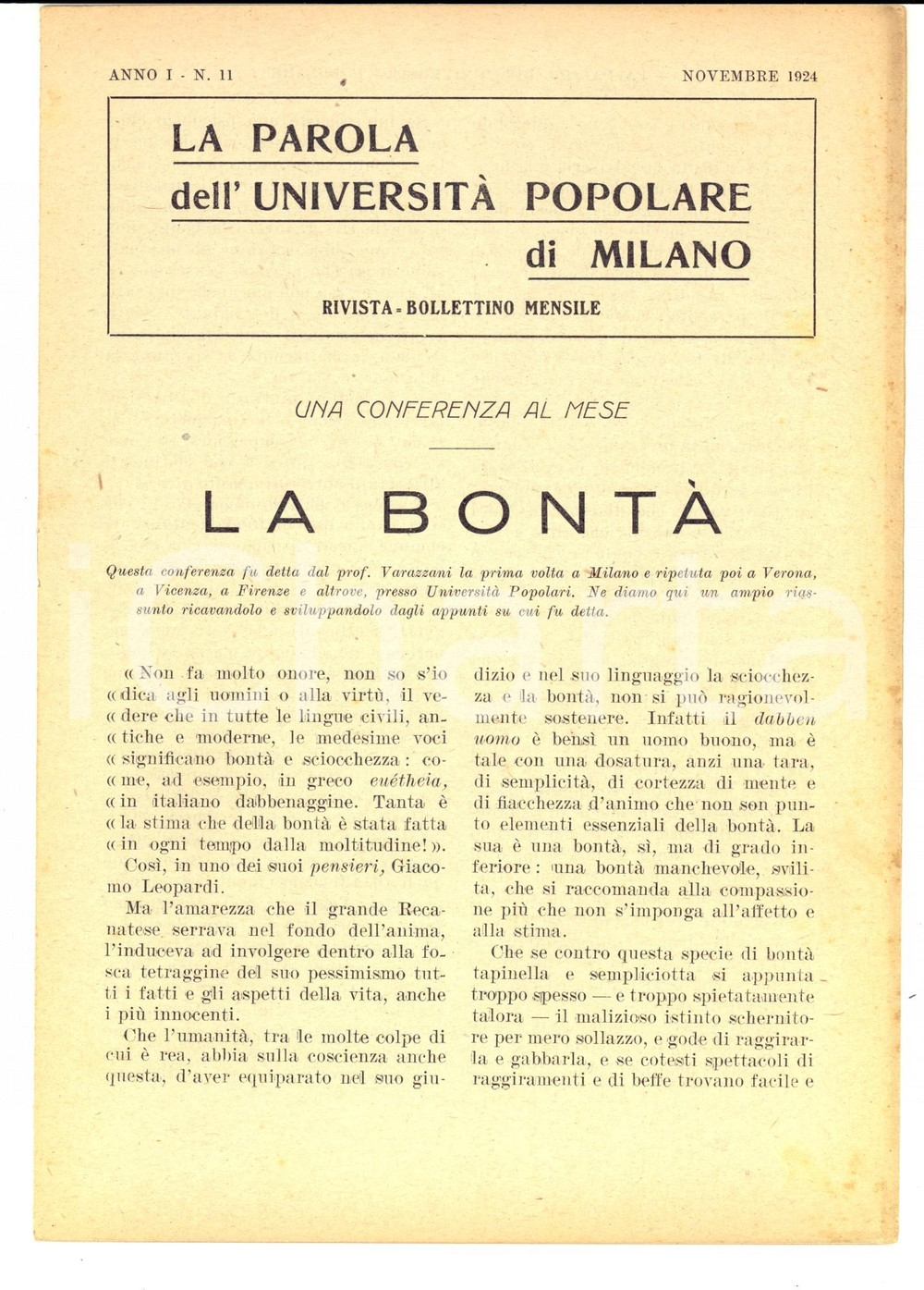 Giornale, rivista storica 1924 MILANO UNIVERSITA  POPOLARE Conferenza Savino VARAZZANI sulla bontÃ 1