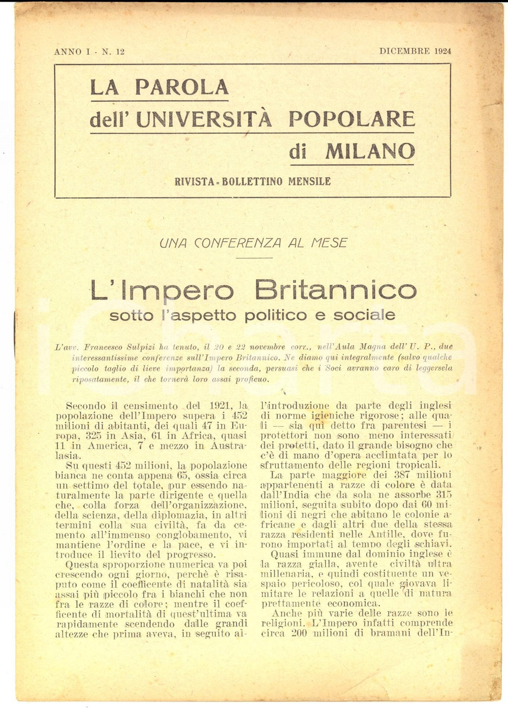 Giornale, rivista storica 1924 MILANO UNIVERSITÀ POPOLARE Conferenza Francesco SULPIZI  Impero Britannico 1