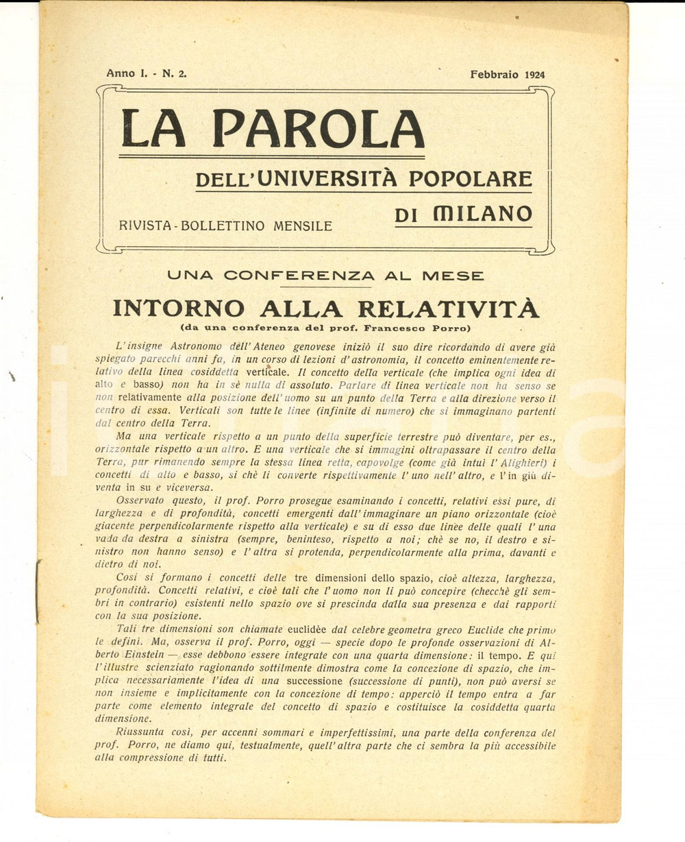 Giornale, rivista storica 1924 MILANO UNIVERSITÃ€ POPOLARE Conferenza Francesco PORRO sulla relativitÃ 1