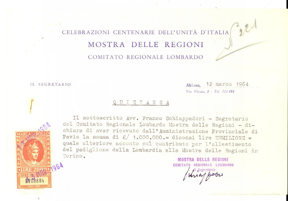 Documento originale, autentico 1964 MILANO Celebrazioni UNITA  D ITALIA  Mostra delle Regioni Ricevuta bollo 1
