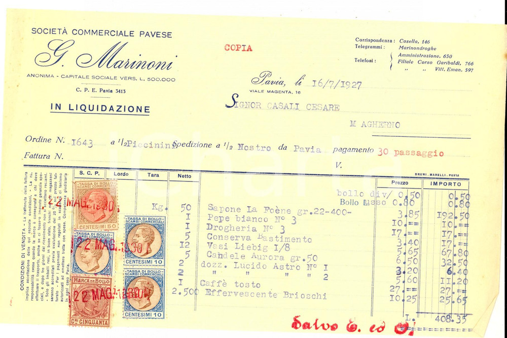 Documento originale, autentico 1927 PAVIA SocietÃ  Commerciale G. MARINONI Fattura intestata con bolli 1