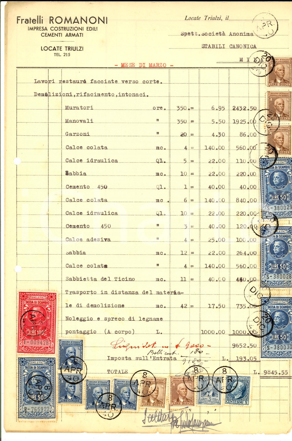 Documento originale, autentico 1940 LOCATE TRIULZI Fratelli ROMANONI Impresa costruzioni Fattura con bolli 1