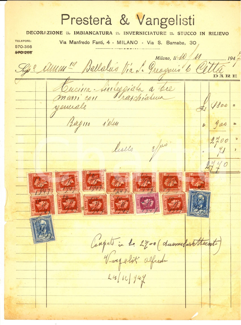 Documento originale, autentico 1947 MILANO Ditta PRESTERA  & VANGELISTI Decorazione Fattura con bolli 1