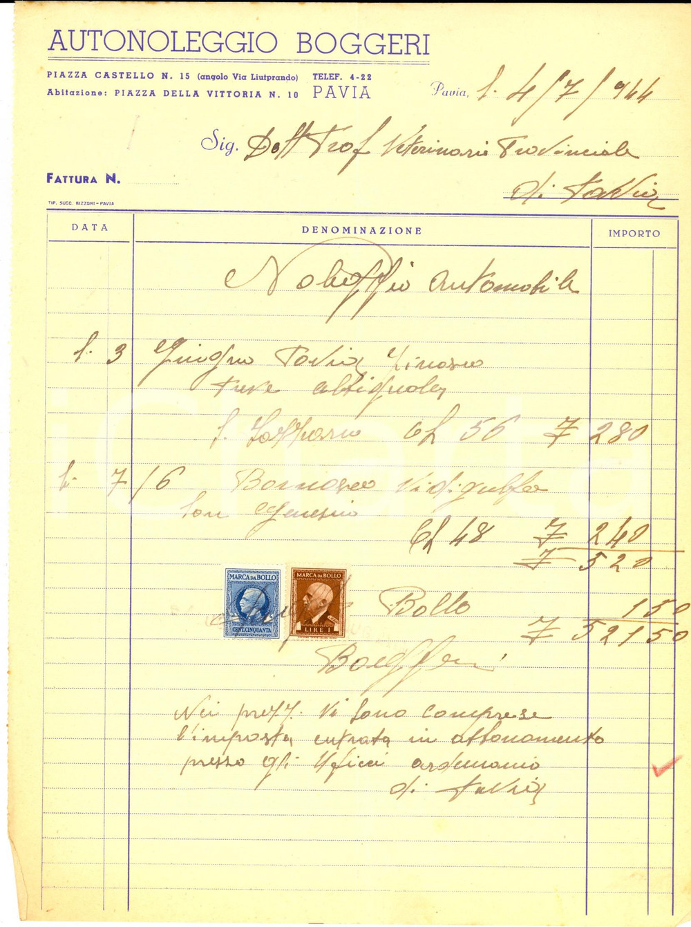 Documento originale, autentico 1944 RSI PAVIA Autonoleggio BOGGERI  Fattura manoscritta con bolli 1
