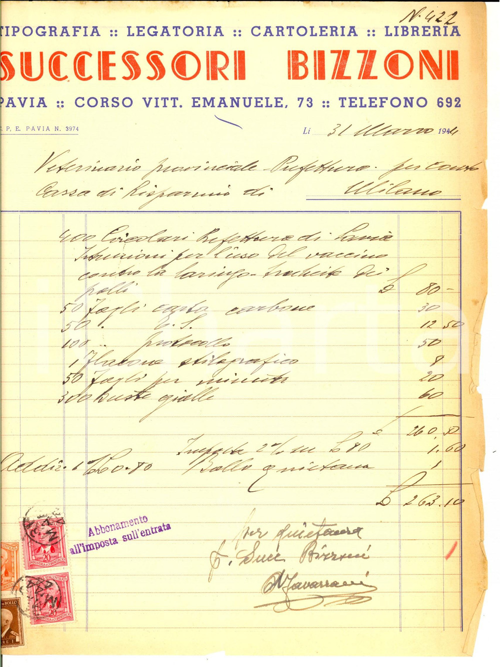 Documento originale, autentico 1944 PAVIA RSI Tipografia  legatoria SUCCESSORI BIZZONI Fattura con bolli 1