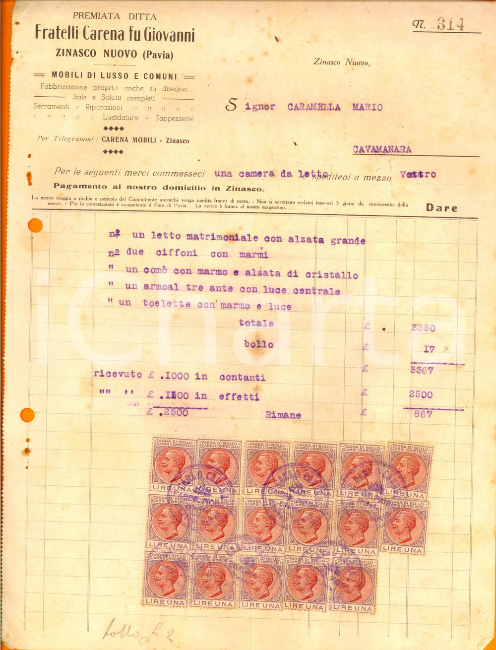 Documento originale, autentico 1945 ca ZINASCO NUOVO Premiata Ditta FRATELLI CARENA Fu Giovanni Fattura 1