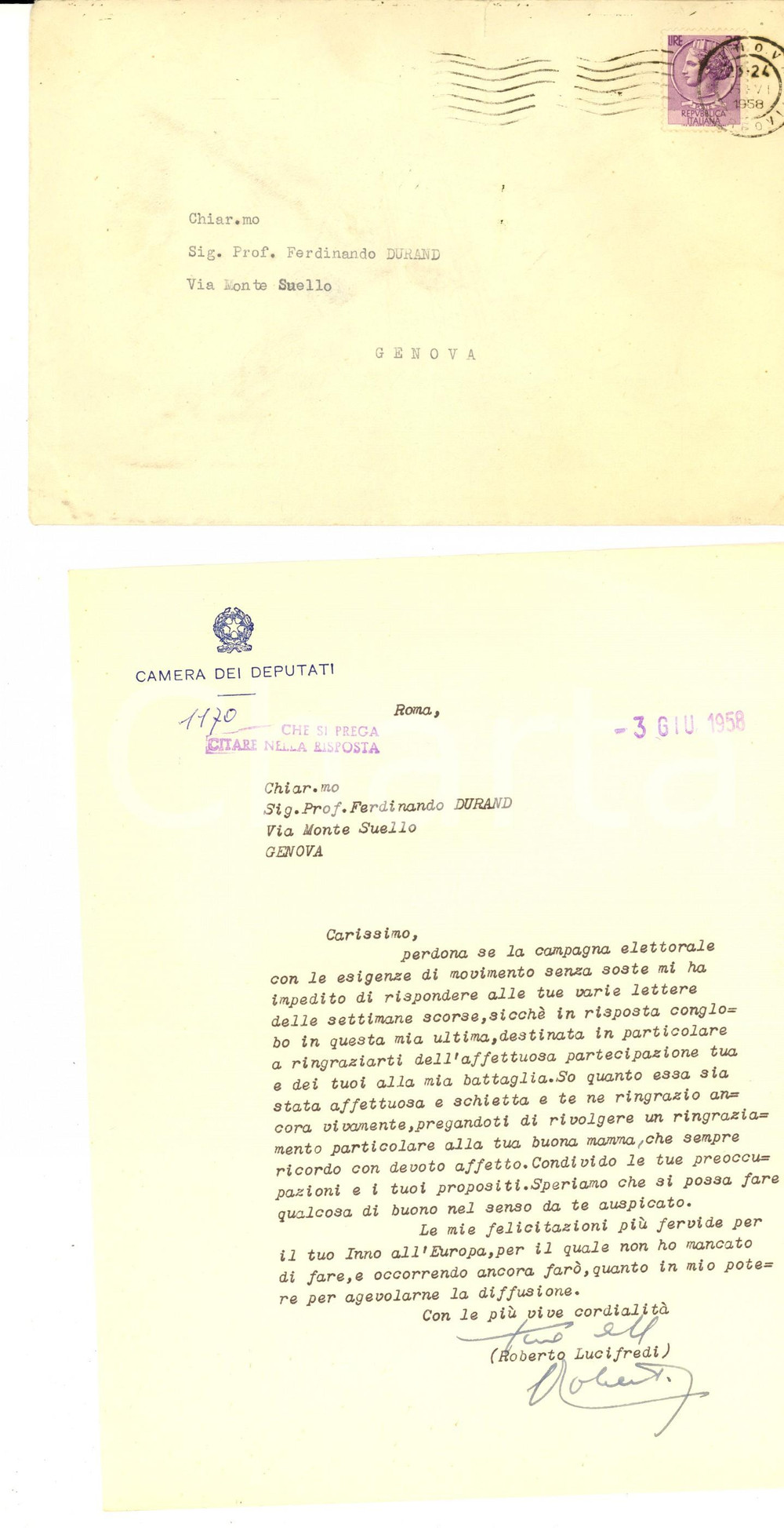 1958 Roberto LUCIFREDI si congratula con DURAND per Inno all'Europa *Autografo