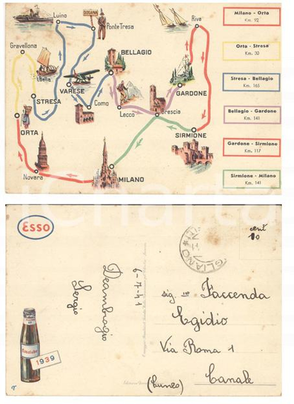 Cartolina originale da collezione 1939 PUBBLICITA  ESSOLUBE Itinerari del Nord Italia Cartolina illustrata 1 1