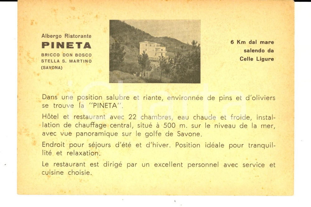 Cartolina originale da collezione 1940 ca CELLE LIGURE SV Albergo Ristorante PINETA  Bricco DON BOSCO Cartolina 1