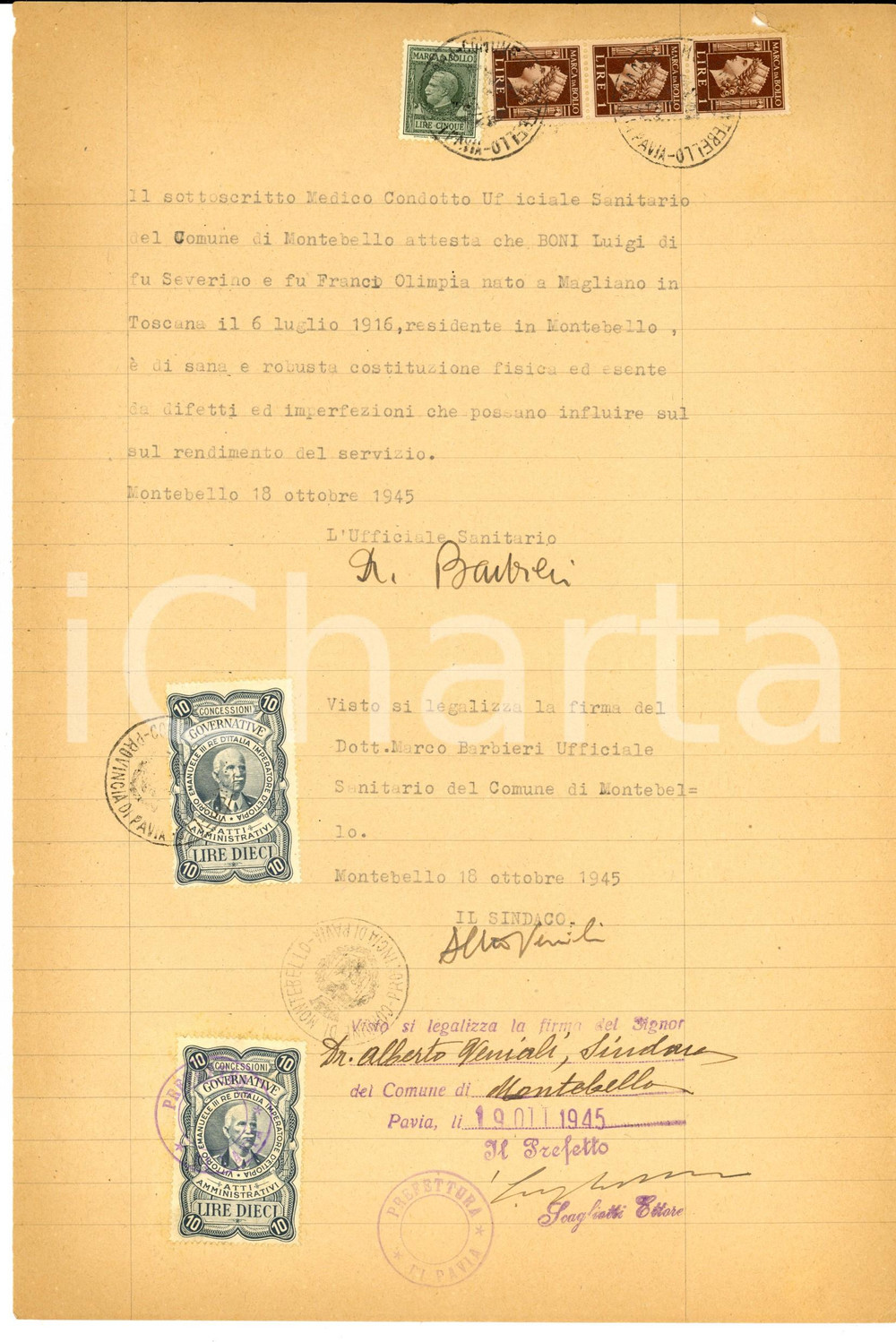 Documento originale, autentico 1945 MONTEBELLO  Certificato sana e robusta costituzione di Luigi BONI 1