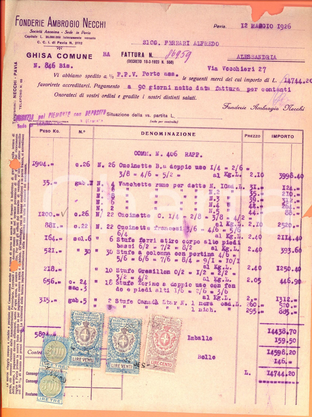 Documento originale, autentico 1926 PAVIA Fonderie Ambrogio NECCHI  Ghisa comune Fattura intestata 1
